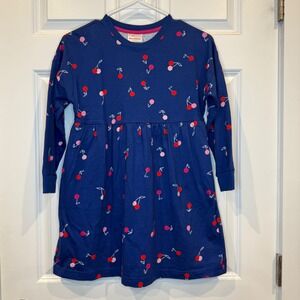 Hanna Andersson Navy‎ Cherry Dress Long Sleeve Size 8 130cm Pockets EUC